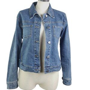 Denim Jeans Jacket Linen Cotton Blend Blue Women sz M Buttons Down